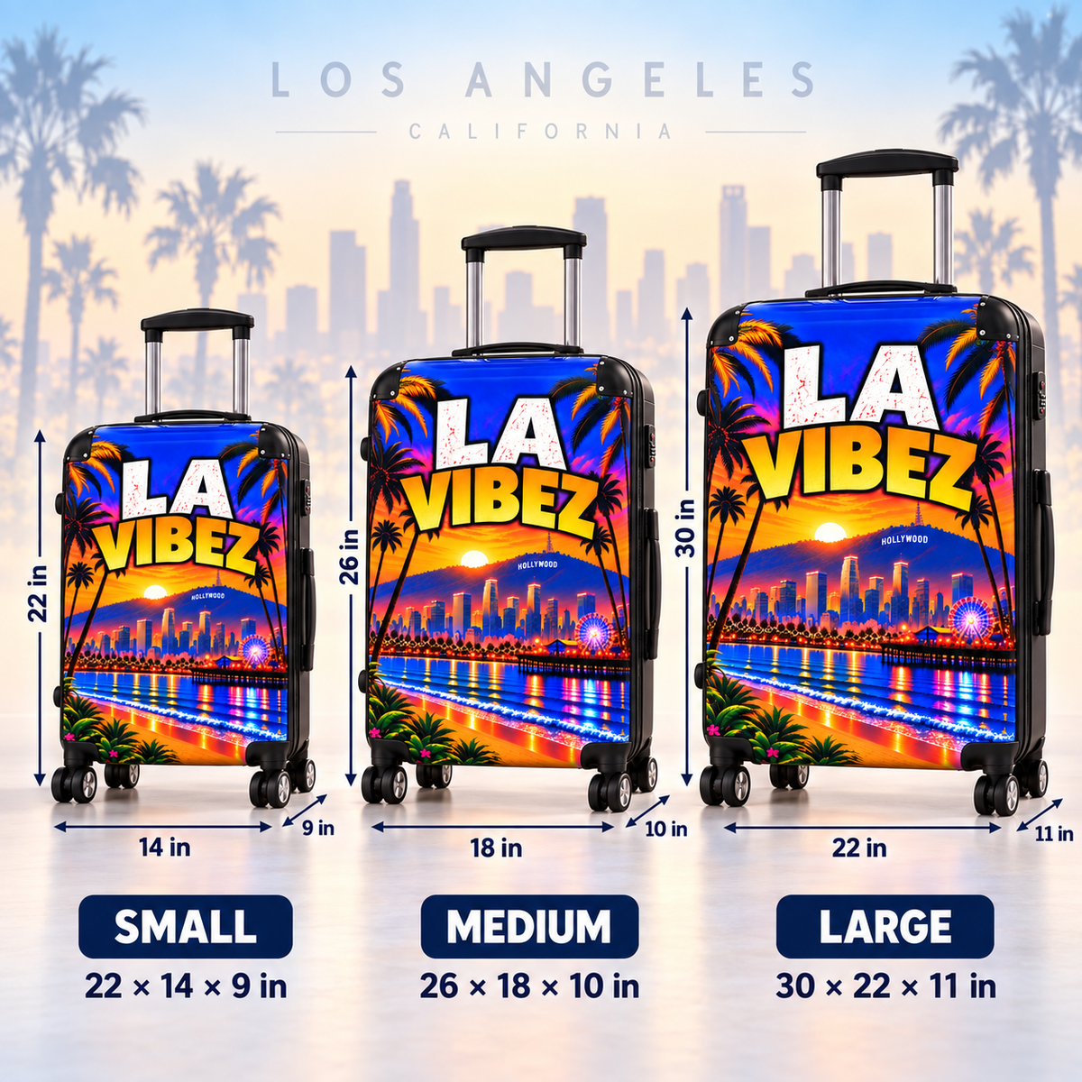 LA Vibez Suitcase, Los Angeles Luggage, Colorful Hard Shell Travel Case, Hollywood Vacation Gift, City Skyline Spinner Suitcase