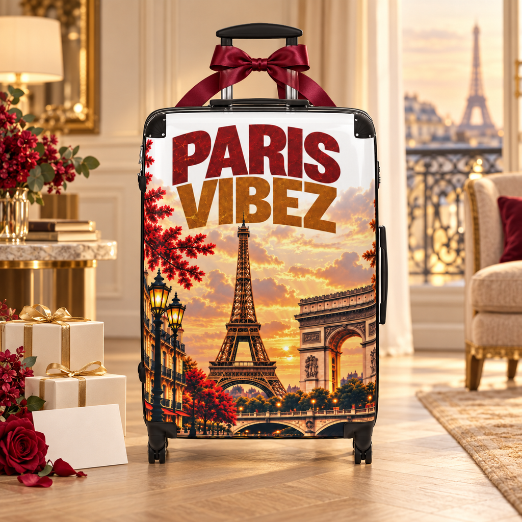 Paris Vibez Suitcase, Eiffel Tower Luggage, Paris Travel Gift, French City Hard Shell Suitcase, Spinner Wheel Carry On Luggage