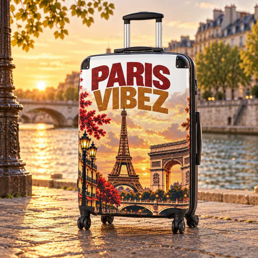Paris Vibez Suitcase, Eiffel Tower Luggage, Paris Travel Gift, French City Hard Shell Suitcase, Spinner Wheel Carry On Luggage