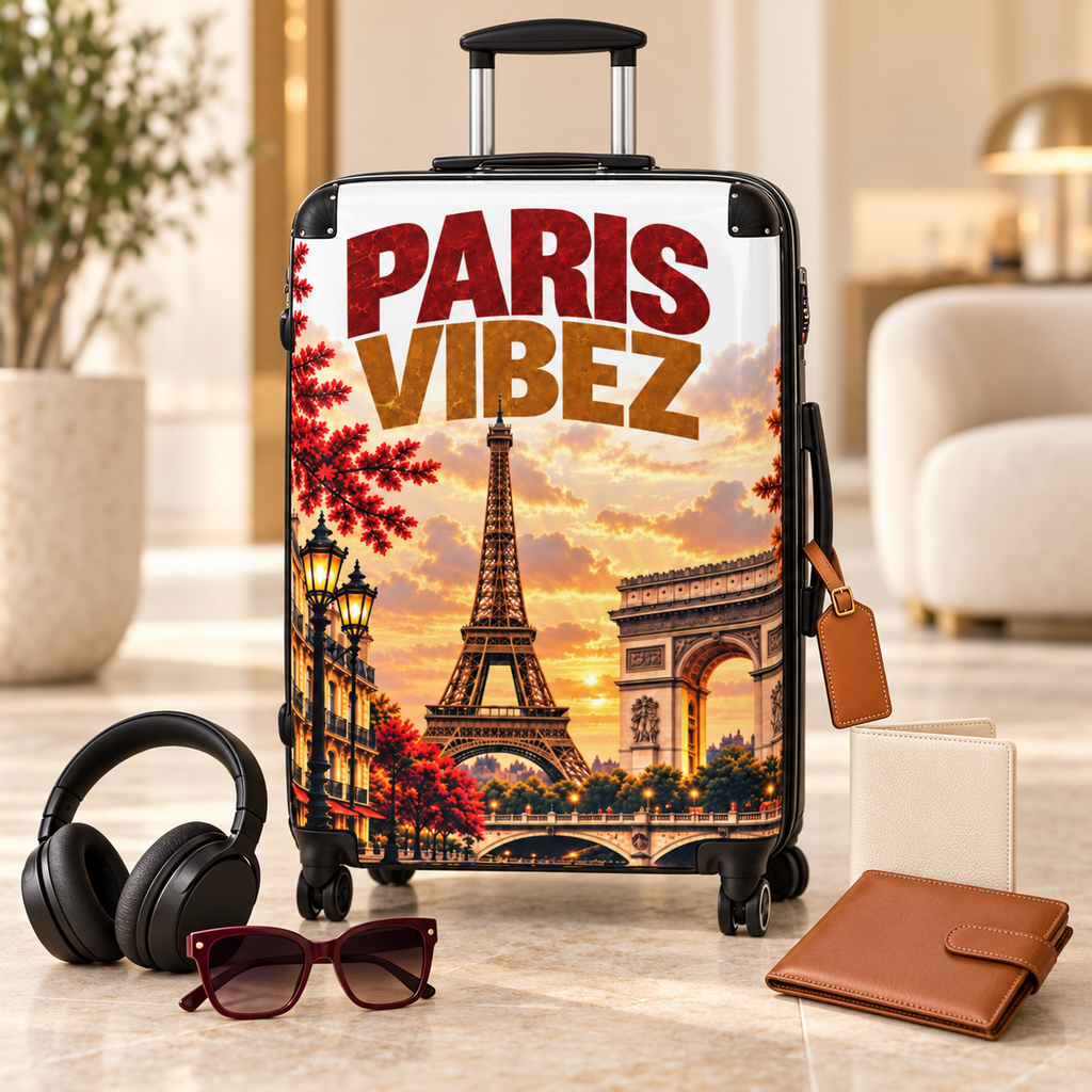 Paris Vibez Suitcase, Eiffel Tower Luggage, Paris Travel Gift, French City Hard Shell Suitcase, Spinner Wheel Carry On Luggage