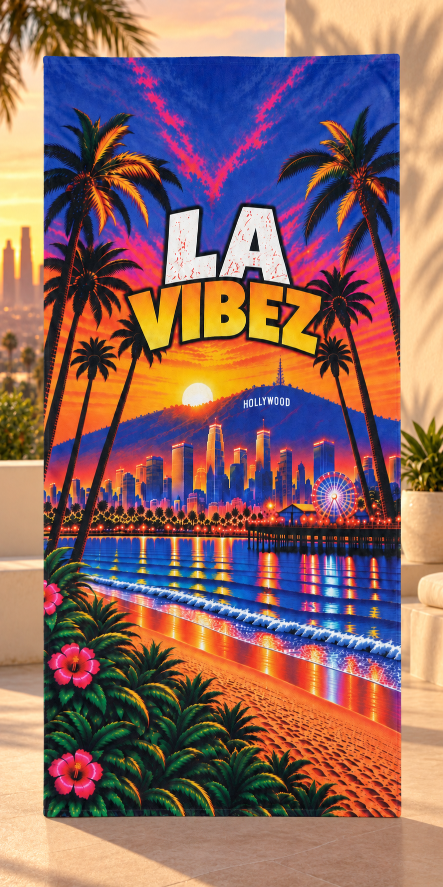 Los Angeles Towel, LA Vibez Bath and Beach Towel, California Travel Gift, Colorful City Decor