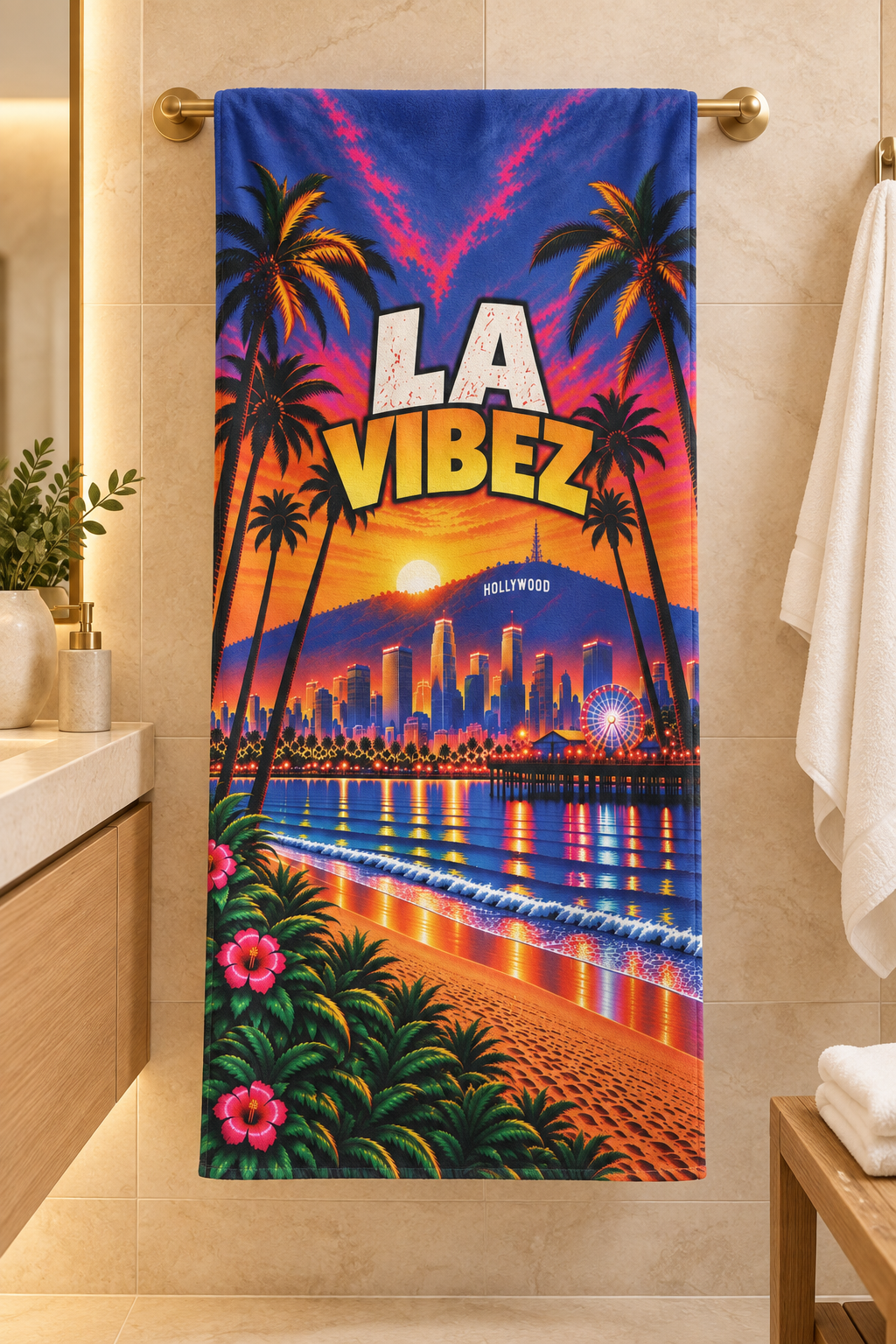 Los Angeles Towel, LA Vibez Bath and Beach Towel, California Travel Gift, Colorful City Decor