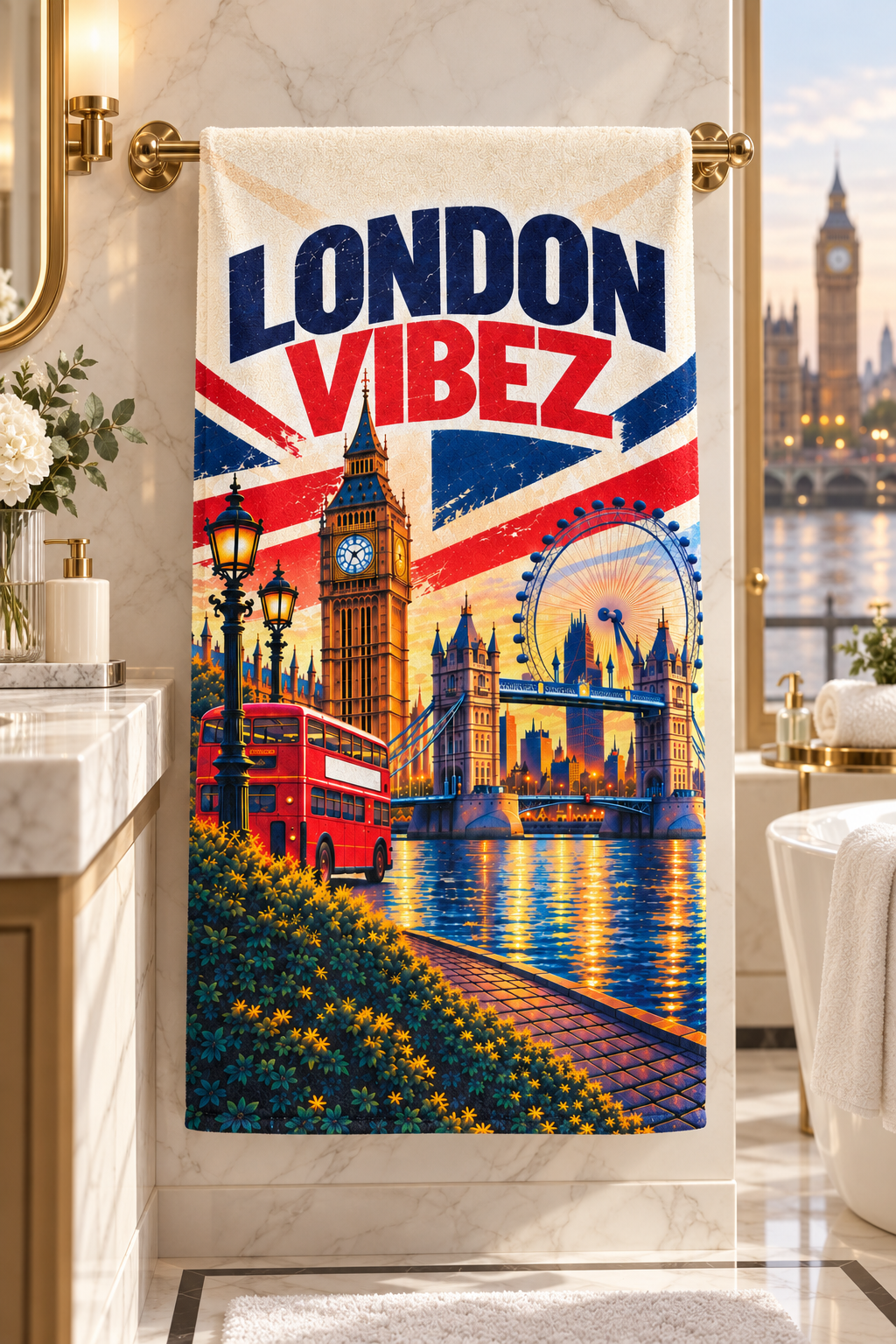 London Vibez Towel, British City Bath Towel, Big Ben and Red Bus Design, UK Travel Gift, London Souvenir, Bathroom Decor