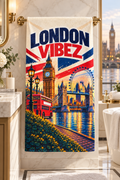 London Vibez Towel, British City Bath Towel, Big Ben and Red Bus Design, UK Travel Gift, London Souvenir, Bathroom Decor