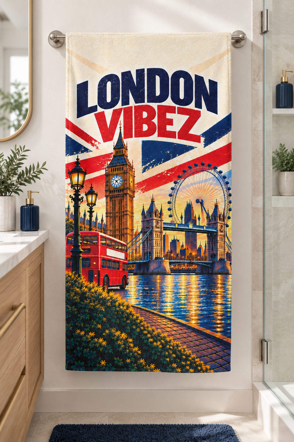 London Vibez Towel, British City Bath Towel, Big Ben and Red Bus Design, UK Travel Gift, London Souvenir, Bathroom Decor