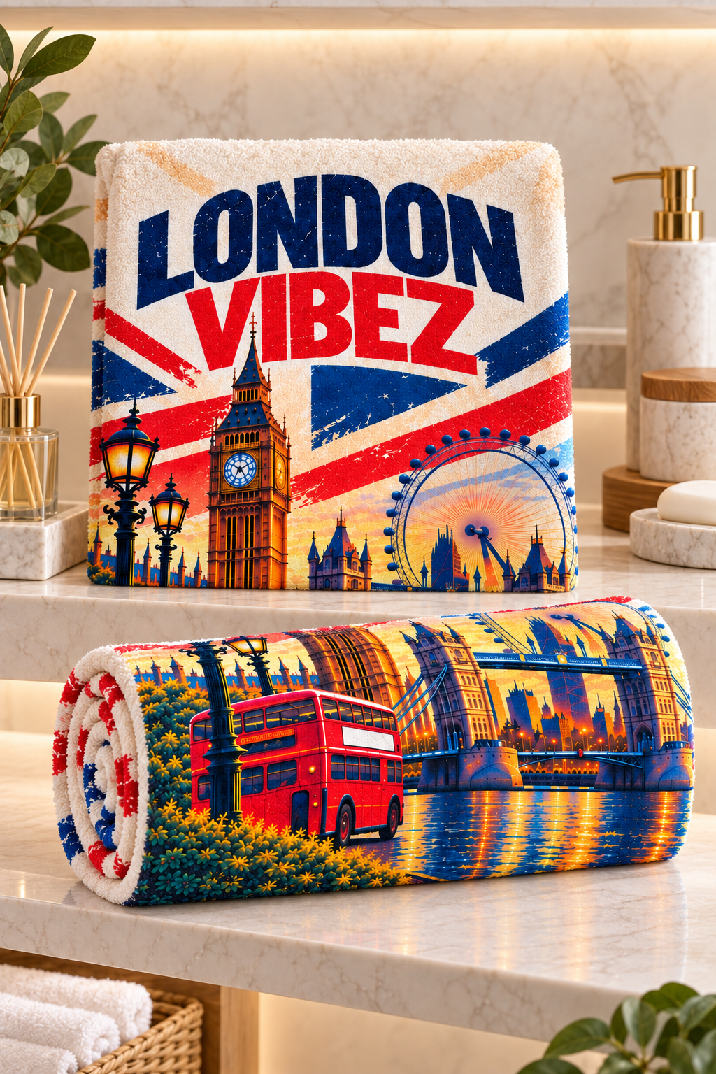 London Vibez Towel, British City Bath Towel, Big Ben and Red Bus Design, UK Travel Gift, London Souvenir, Bathroom Decor