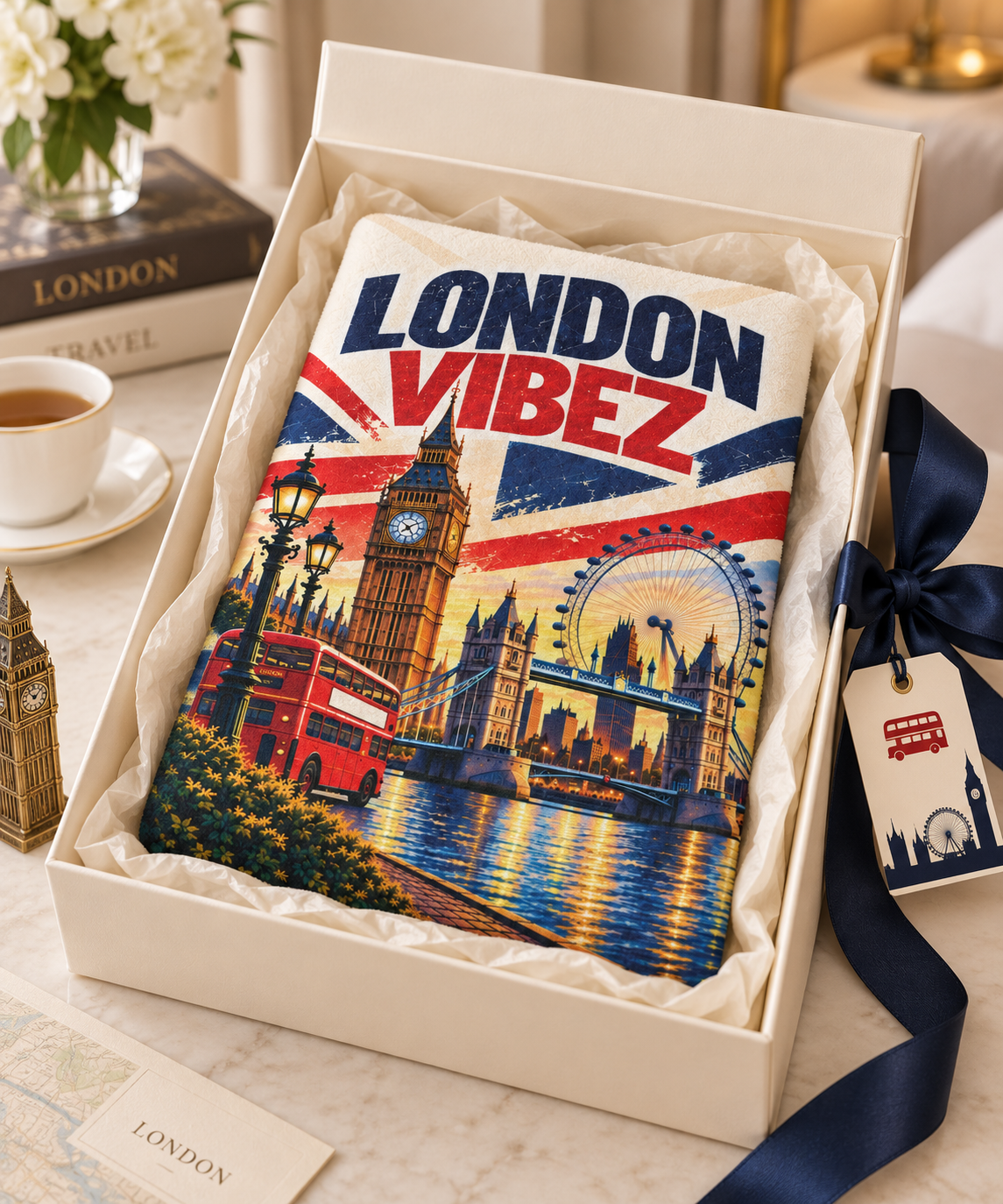 London Vibez Towel, British City Bath Towel, Big Ben and Red Bus Design, UK Travel Gift, London Souvenir, Bathroom Decor