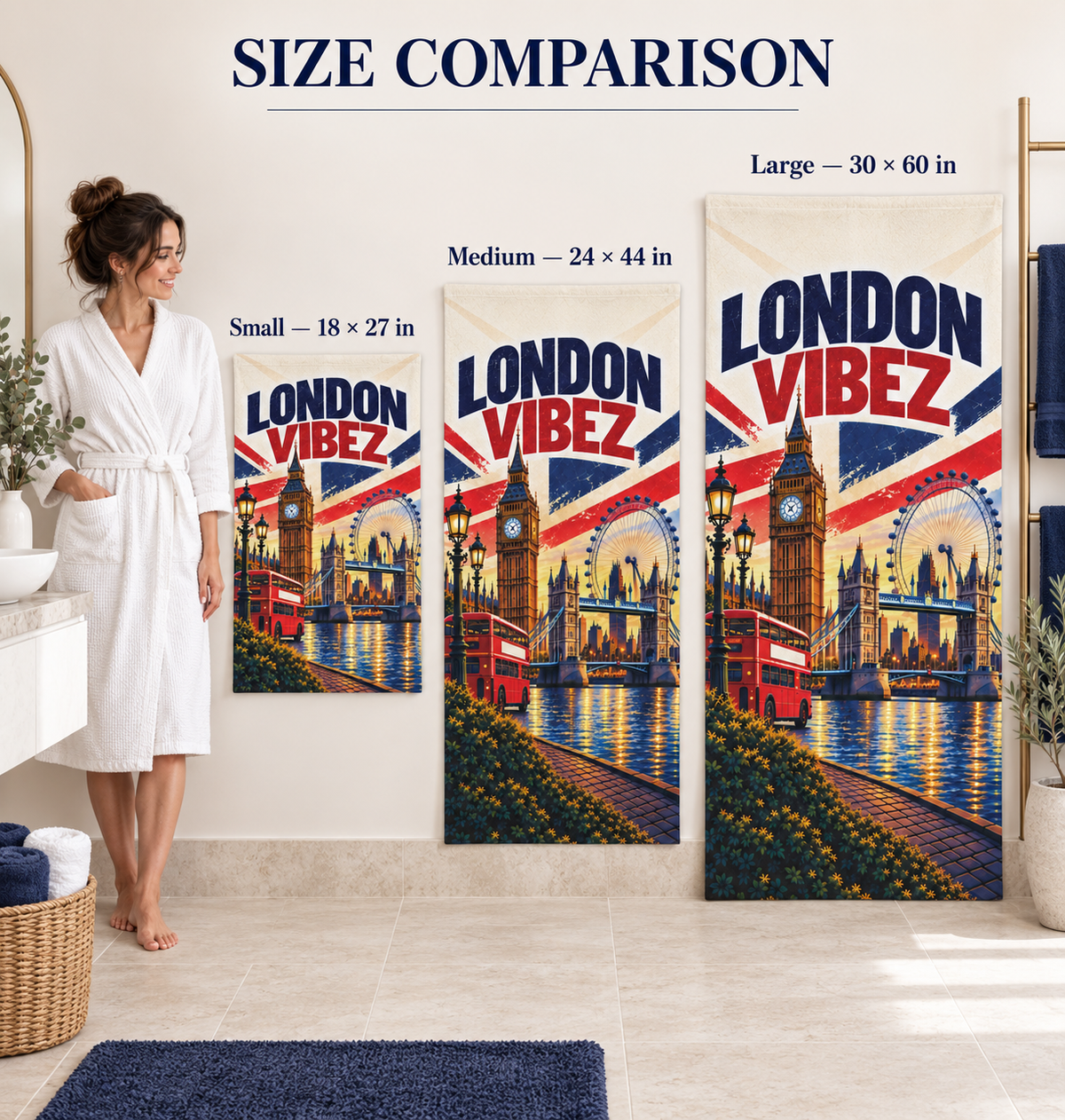 London Vibez Towel, British City Bath Towel, Big Ben and Red Bus Design, UK Travel Gift, London Souvenir, Bathroom Decor