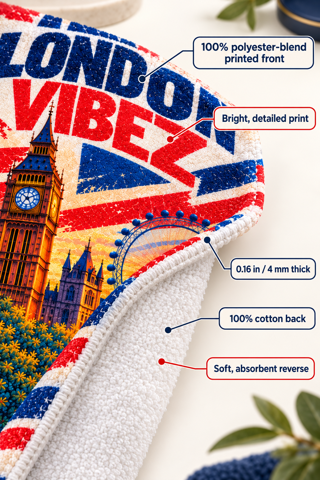 London Vibez Towel, British City Bath Towel, Big Ben and Red Bus Design, UK Travel Gift, London Souvenir, Bathroom Decor