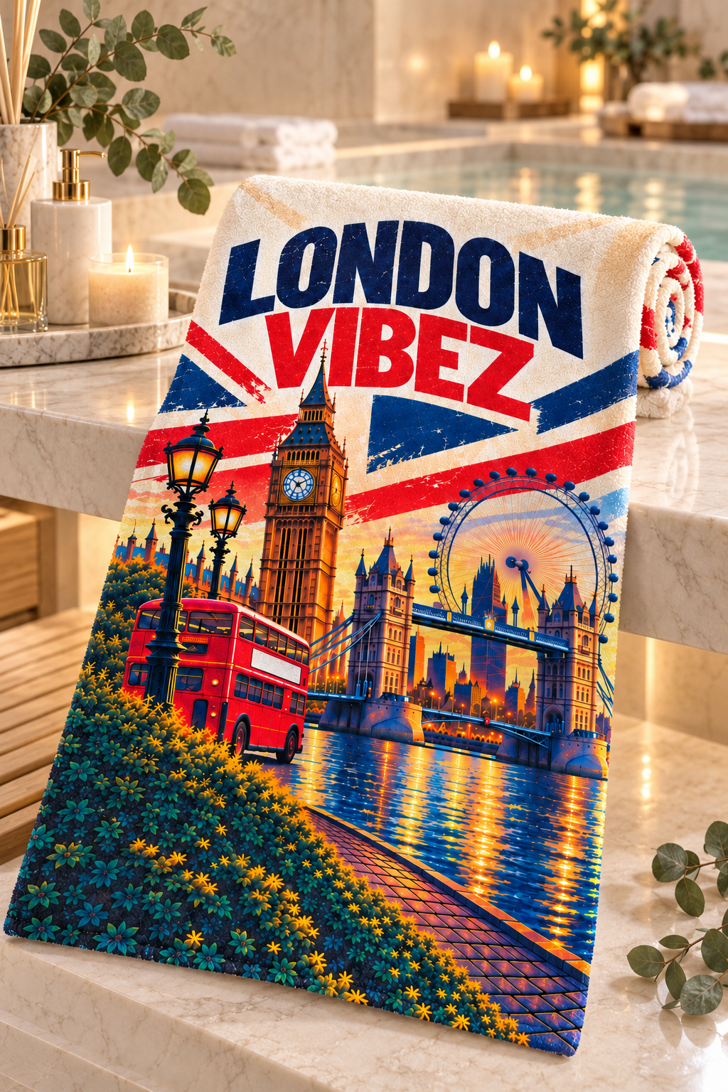 London Vibez Towel, British City Bath Towel, Big Ben and Red Bus Design, UK Travel Gift, London Souvenir, Bathroom Decor