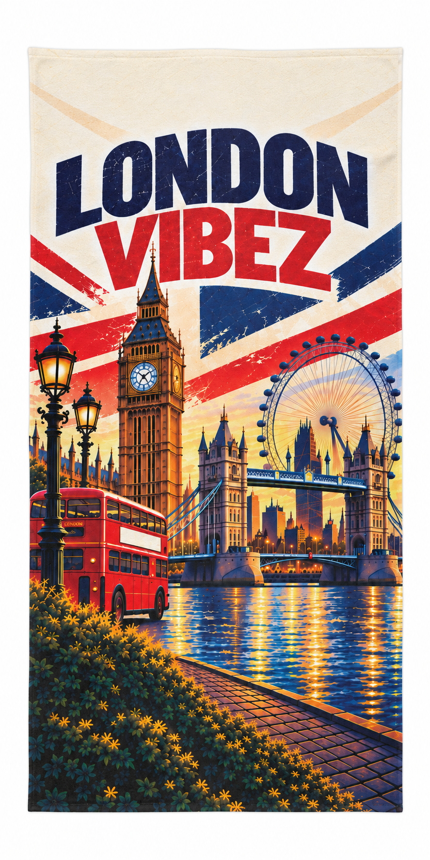 London Vibez Towel, British City Bath Towel, Big Ben and Red Bus Design, UK Travel Gift, London Souvenir, Bathroom Decor