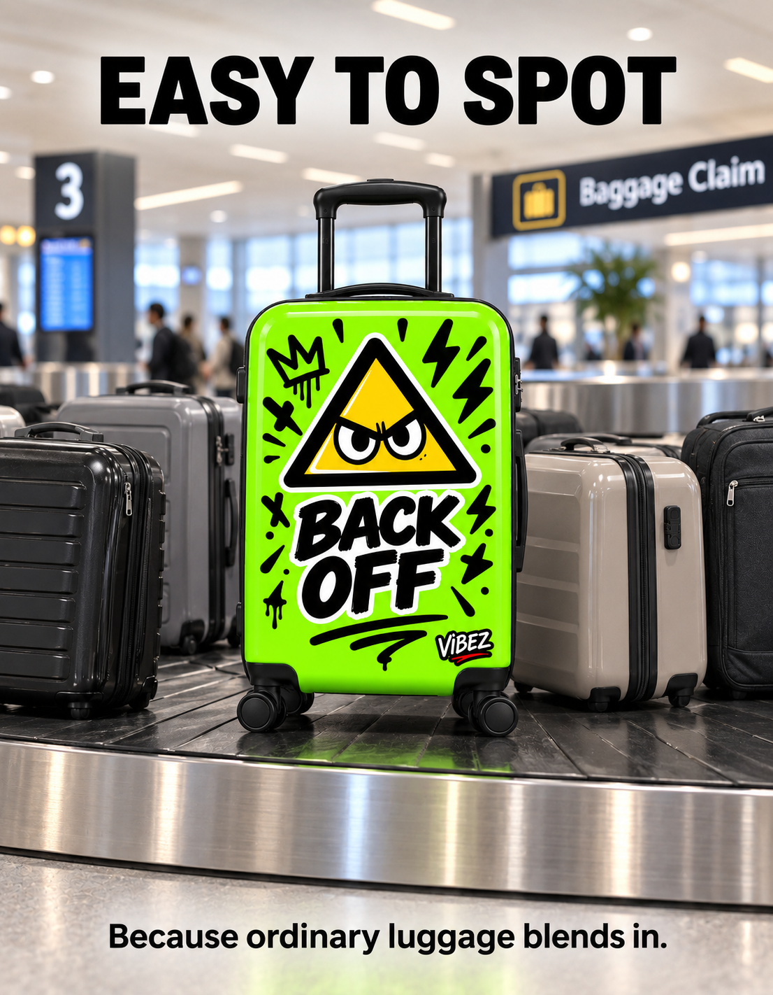 Neon Green Back Off Suitcase, Funny Teen Luggage, Graffiti Hard Shell Suitcase, Bold Travel Gift for Teenagers