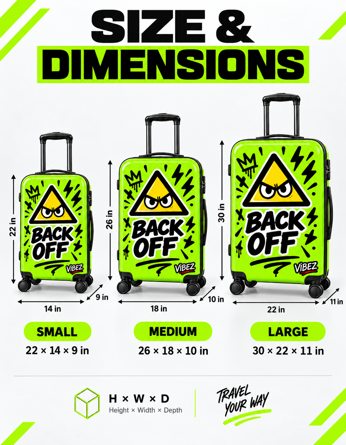 Neon Green Back Off Suitcase, Funny Teen Luggage, Graffiti Hard Shell Suitcase, Bold Travel Gift for Teenagers