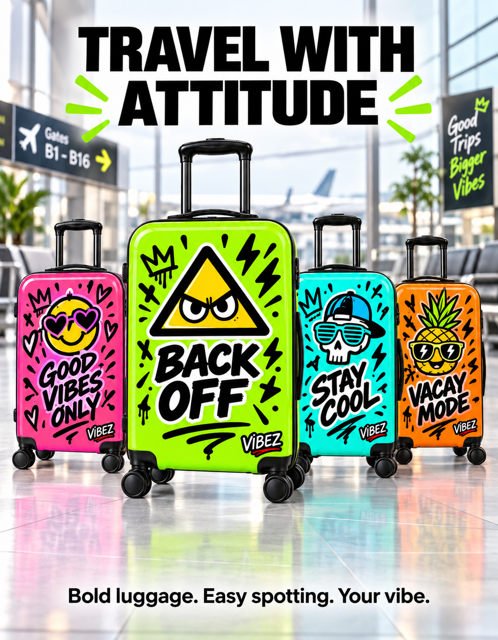 Neon Green Back Off Suitcase, Funny Teen Luggage, Graffiti Hard Shell Suitcase, Bold Travel Gift for Teenagers