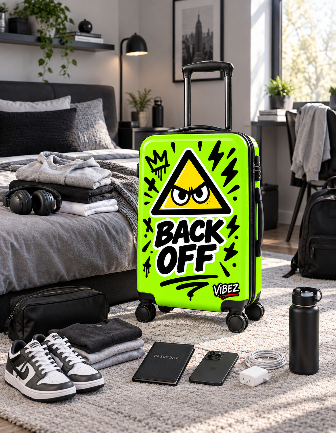 Neon Green Back Off Suitcase, Funny Teen Luggage, Graffiti Hard Shell Suitcase, Bold Travel Gift for Teenagers