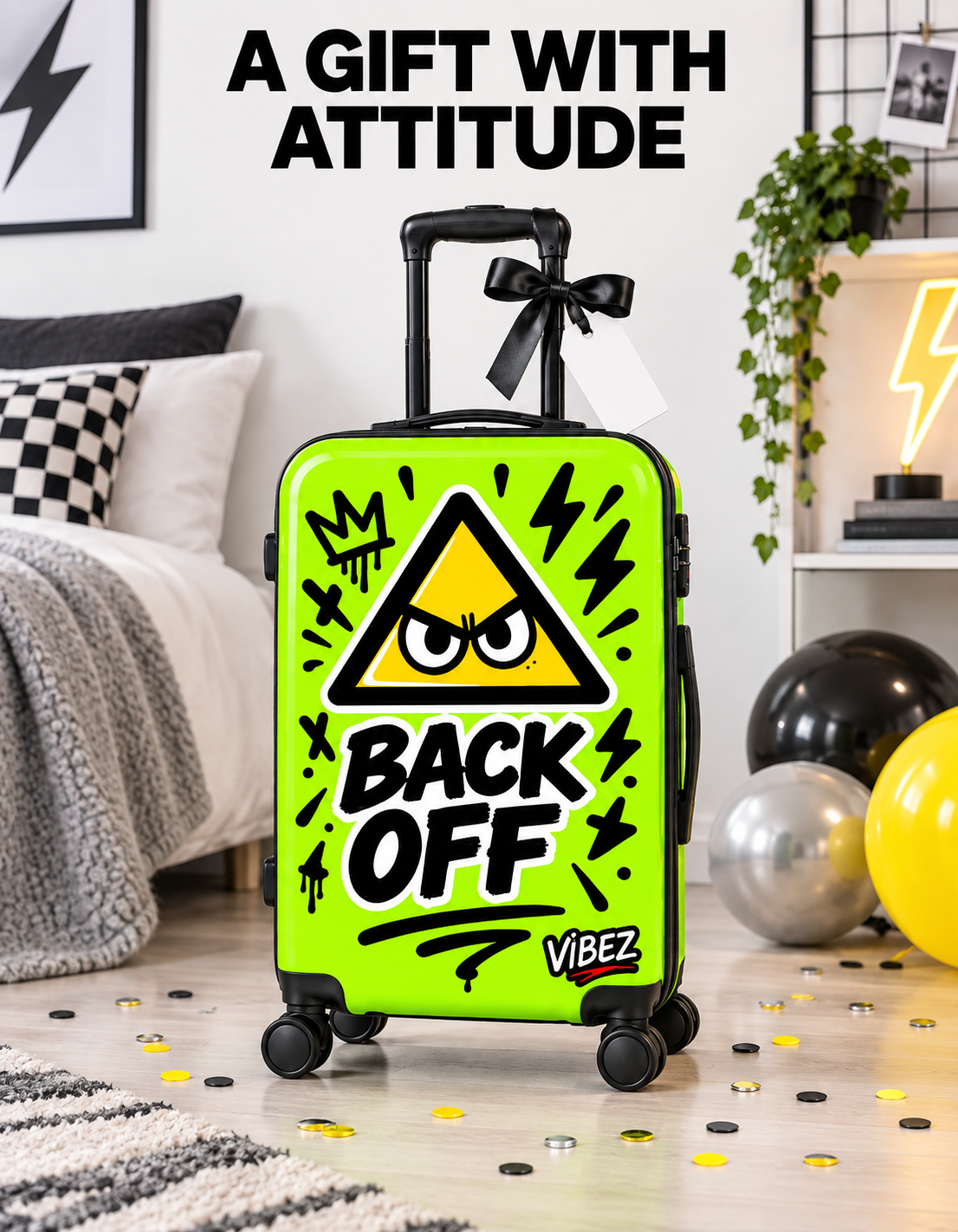 Neon Green Back Off Suitcase, Funny Teen Luggage, Graffiti Hard Shell Suitcase, Bold Travel Gift for Teenagers