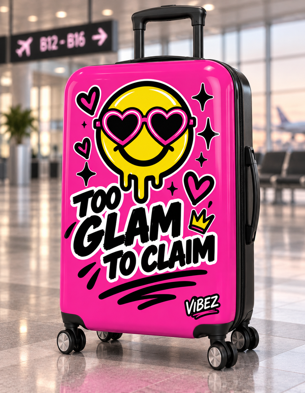 Too Glam to Claim Hot Pink Suitcase, Funny Statement Luggage, Smiley Face Travel Bag, Teen Girl Gift, Graduation Travel Gift