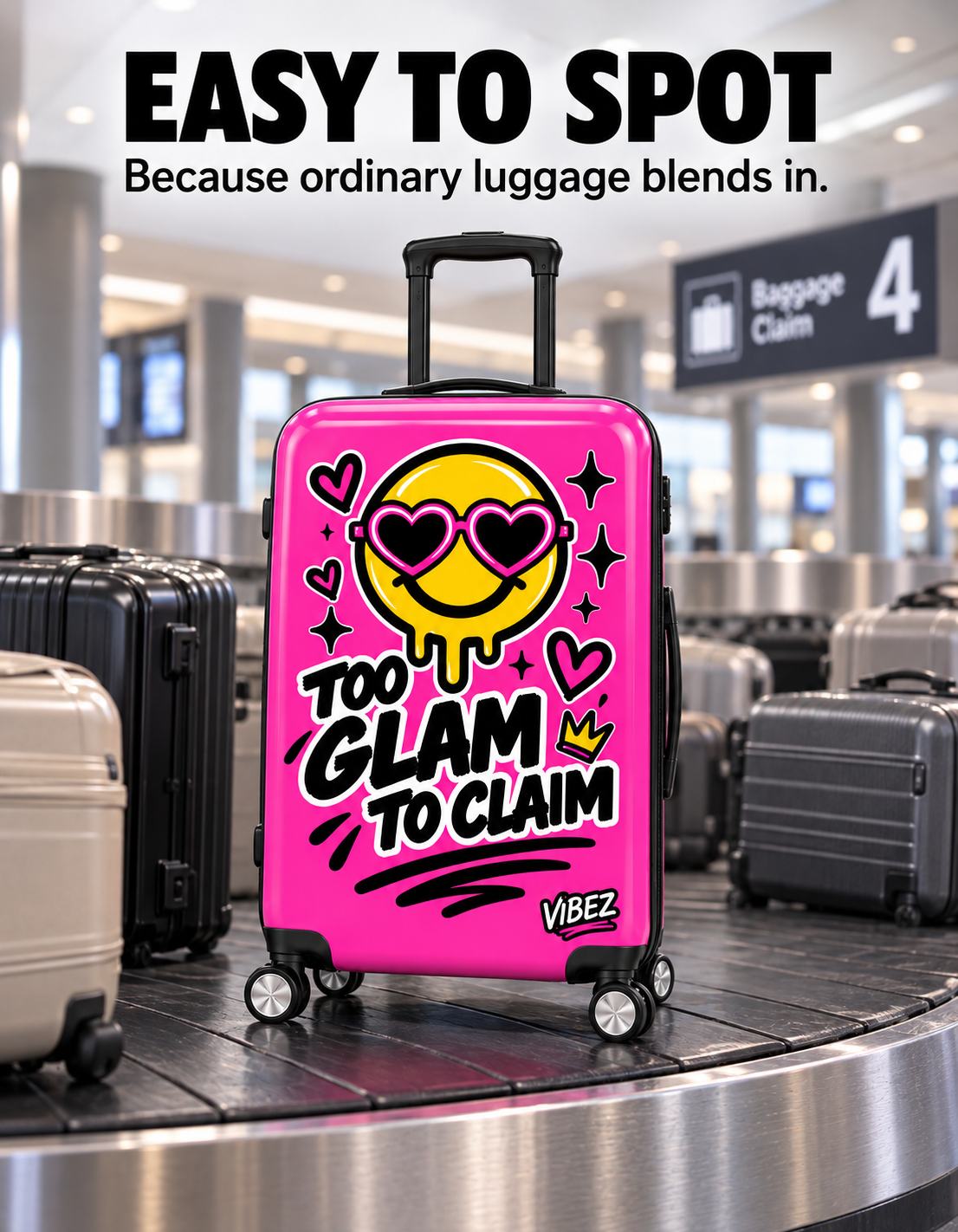 Too Glam to Claim Hot Pink Suitcase, Funny Statement Luggage, Smiley Face Travel Bag, Teen Girl Gift, Graduation Travel Gift