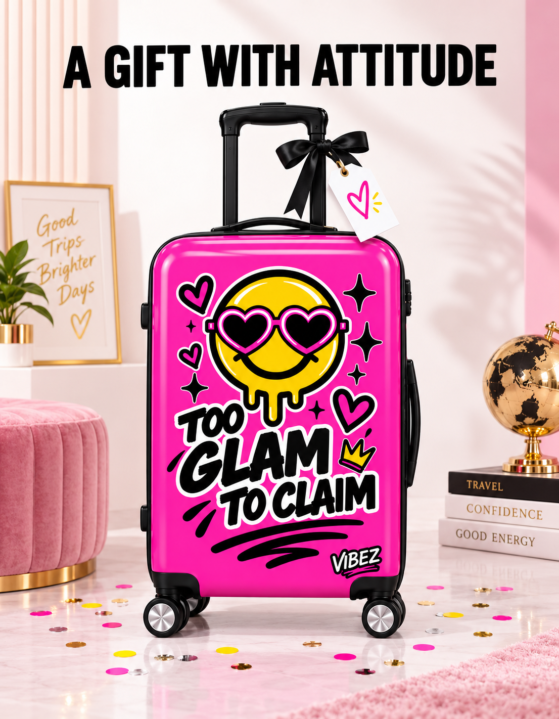 Too Glam to Claim Hot Pink Suitcase, Funny Statement Luggage, Smiley Face Travel Bag, Teen Girl Gift, Graduation Travel Gift