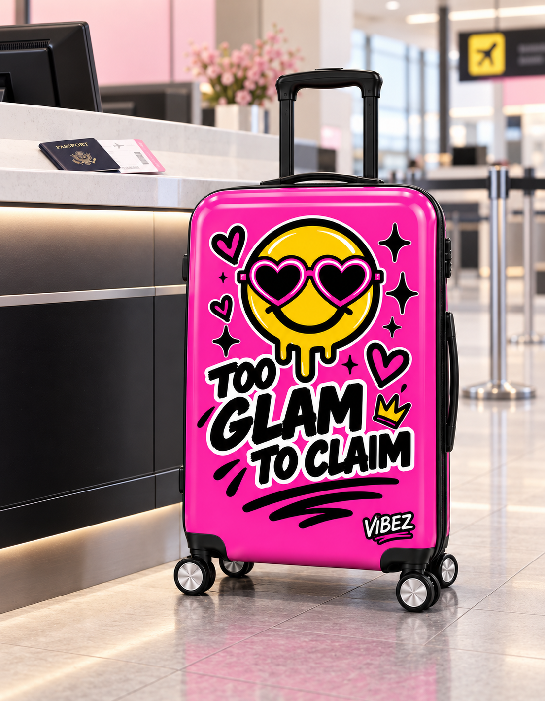 Too Glam to Claim Hot Pink Suitcase, Funny Statement Luggage, Smiley Face Travel Bag, Teen Girl Gift, Graduation Travel Gift