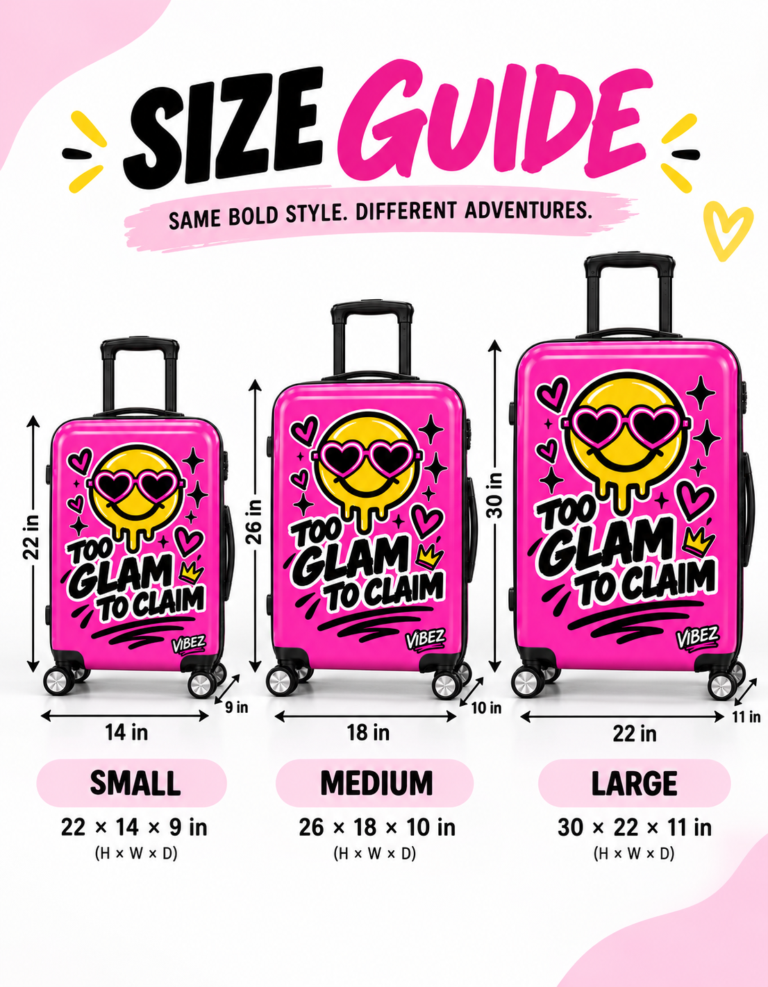 Too Glam to Claim Hot Pink Suitcase, Funny Statement Luggage, Smiley Face Travel Bag, Teen Girl Gift, Graduation Travel Gift