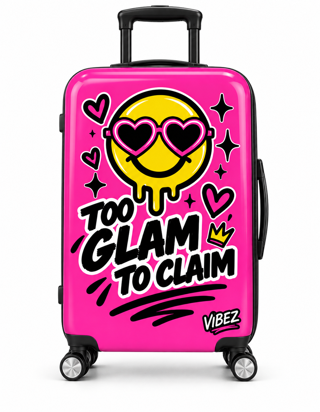 Too Glam to Claim Hot Pink Suitcase, Funny Statement Luggage, Smiley Face Travel Bag, Teen Girl Gift, Graduation Travel Gift