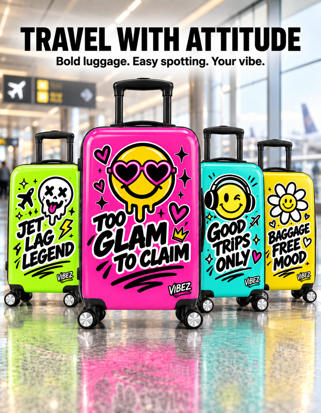 Too Glam to Claim Hot Pink Suitcase, Funny Statement Luggage, Smiley Face Travel Bag, Teen Girl Gift, Graduation Travel Gift