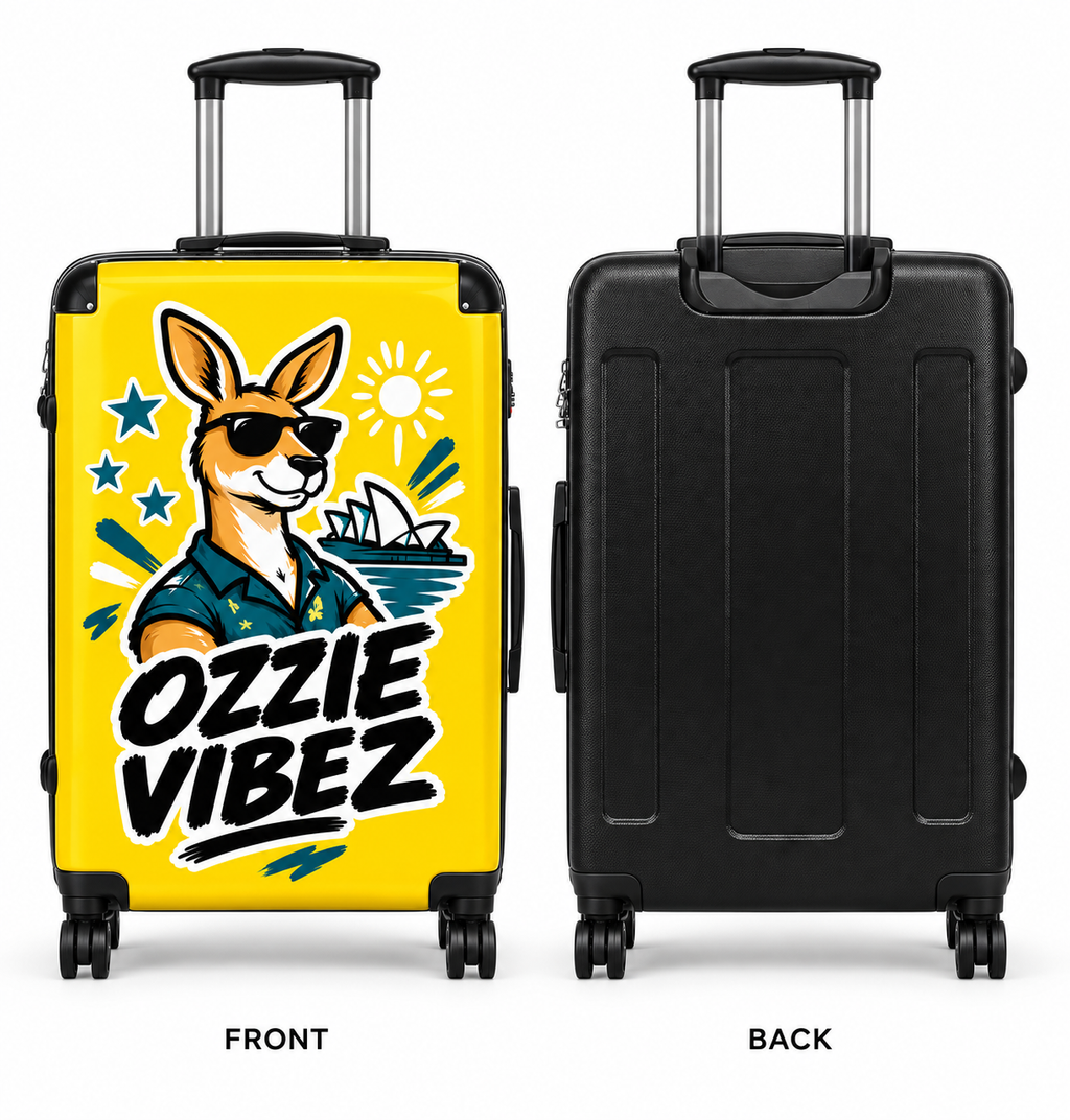 Ozzie Vibez kangaroo surfer suitcase | yellow travel luggage