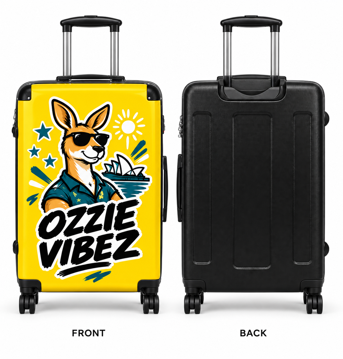 Ozzie Vibez kangaroo surfer suitcase | yellow travel luggage