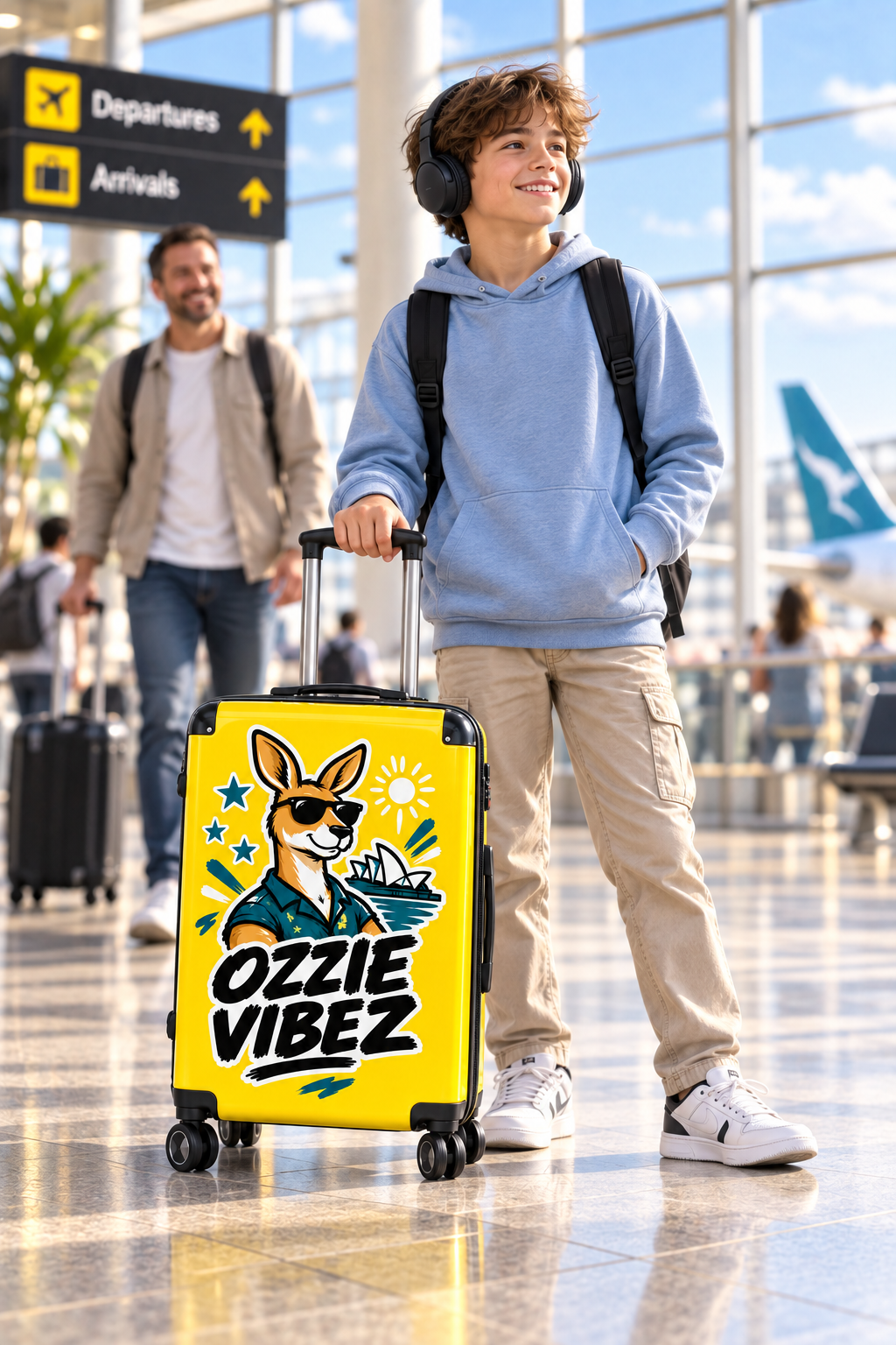 Ozzie Vibez kangaroo surfer suitcase | yellow travel luggage