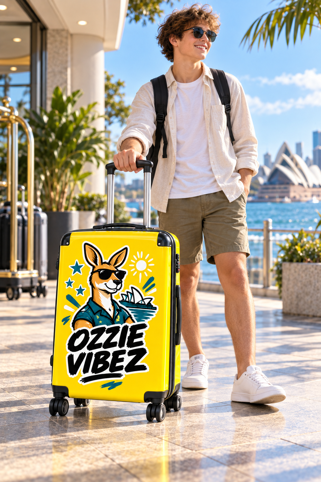 Ozzie Vibez kangaroo surfer suitcase | yellow travel luggage