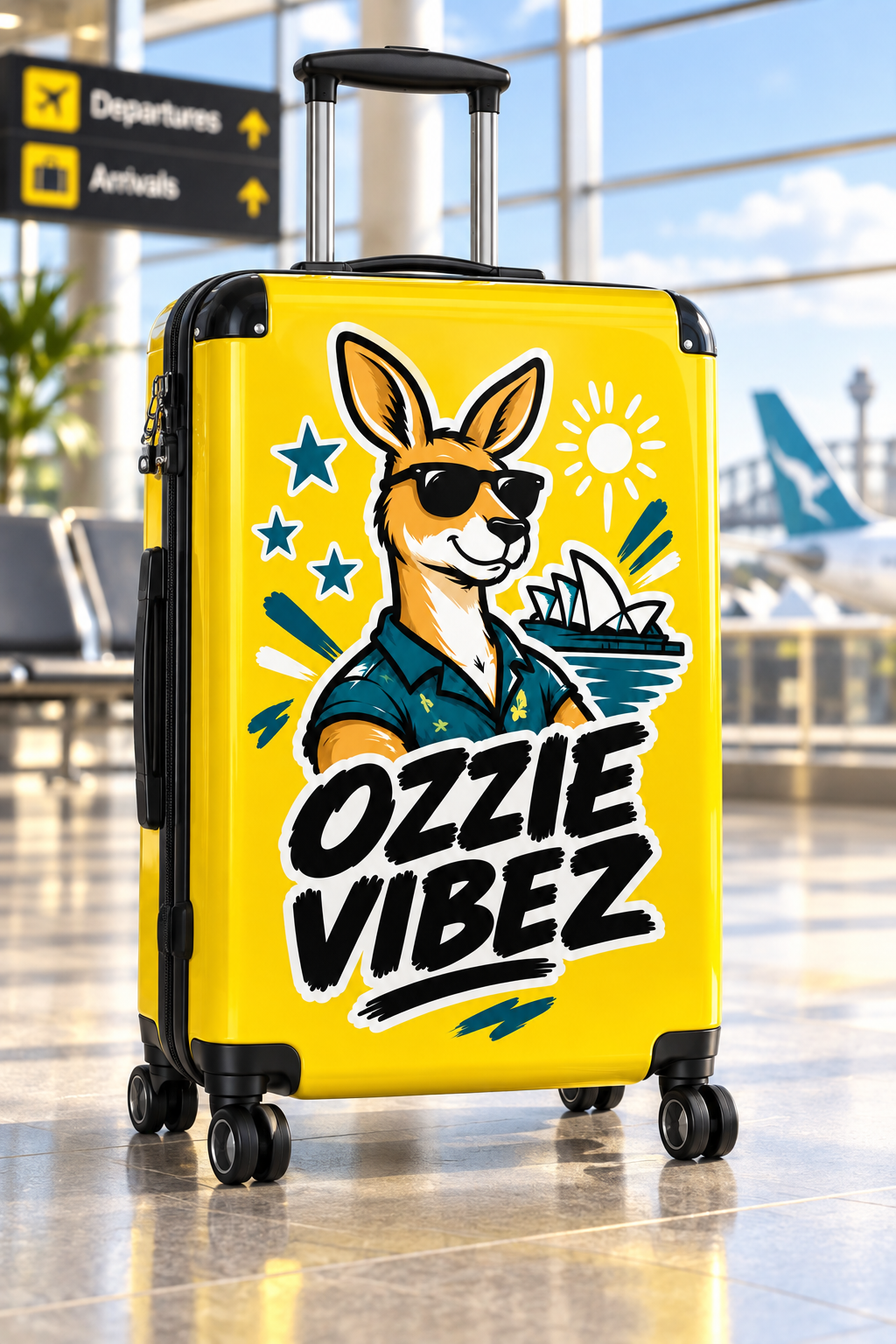 Ozzie Vibez kangaroo surfer suitcase | yellow travel luggage