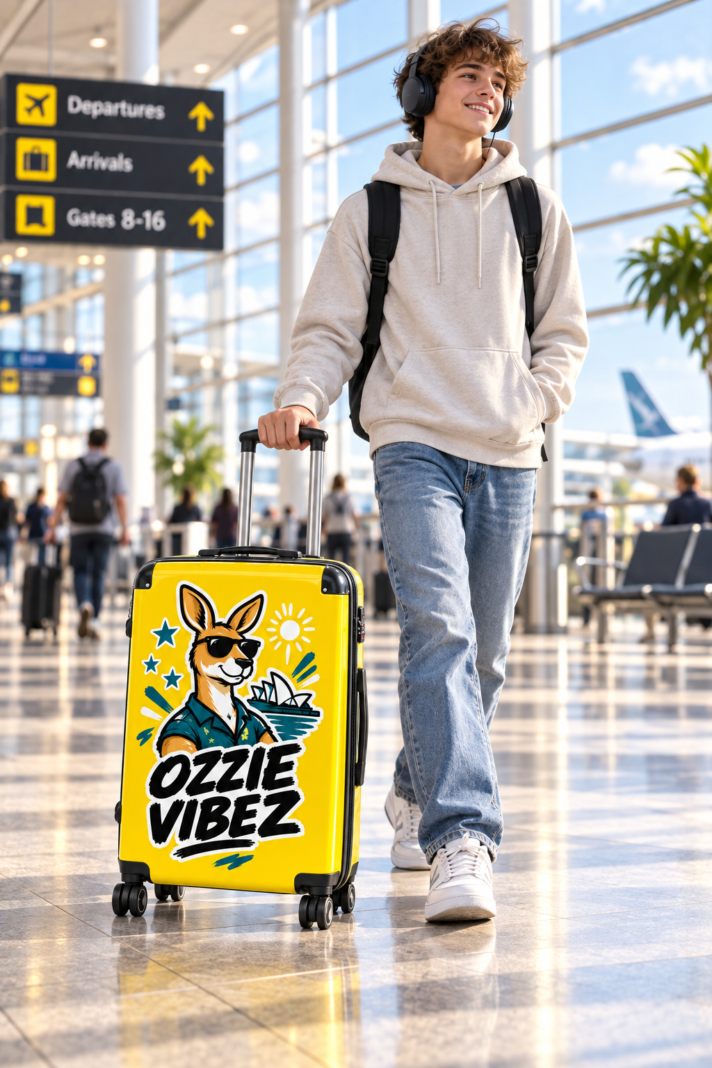 Ozzie Vibez kangaroo surfer suitcase | yellow travel luggage