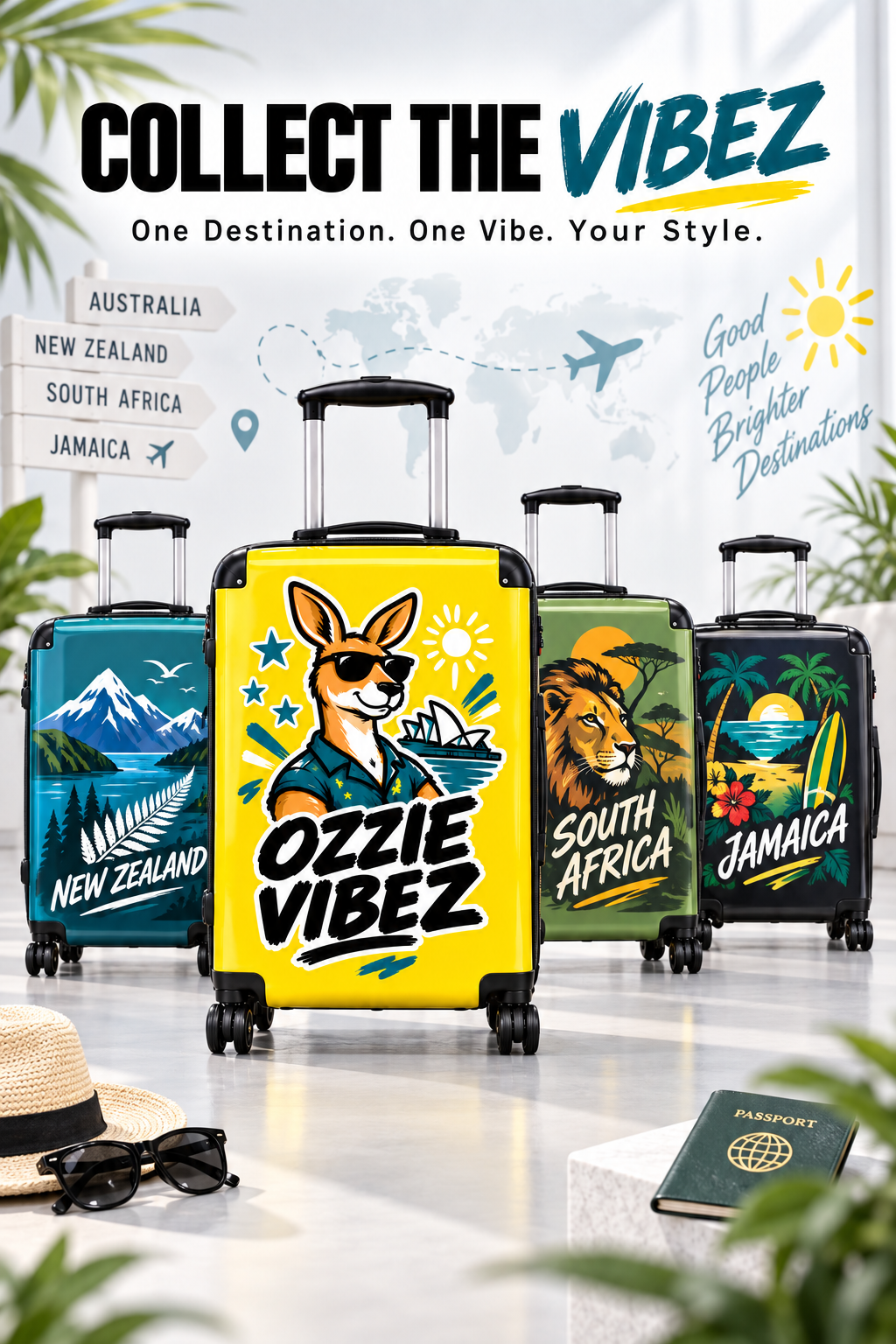 Ozzie Vibez kangaroo surfer suitcase | yellow travel luggage