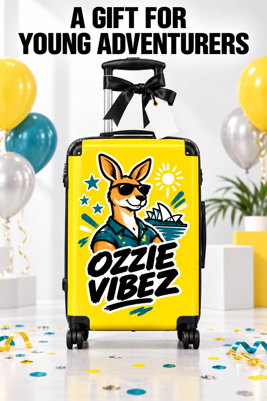 Ozzie Vibez kangaroo surfer suitcase | yellow travel luggage