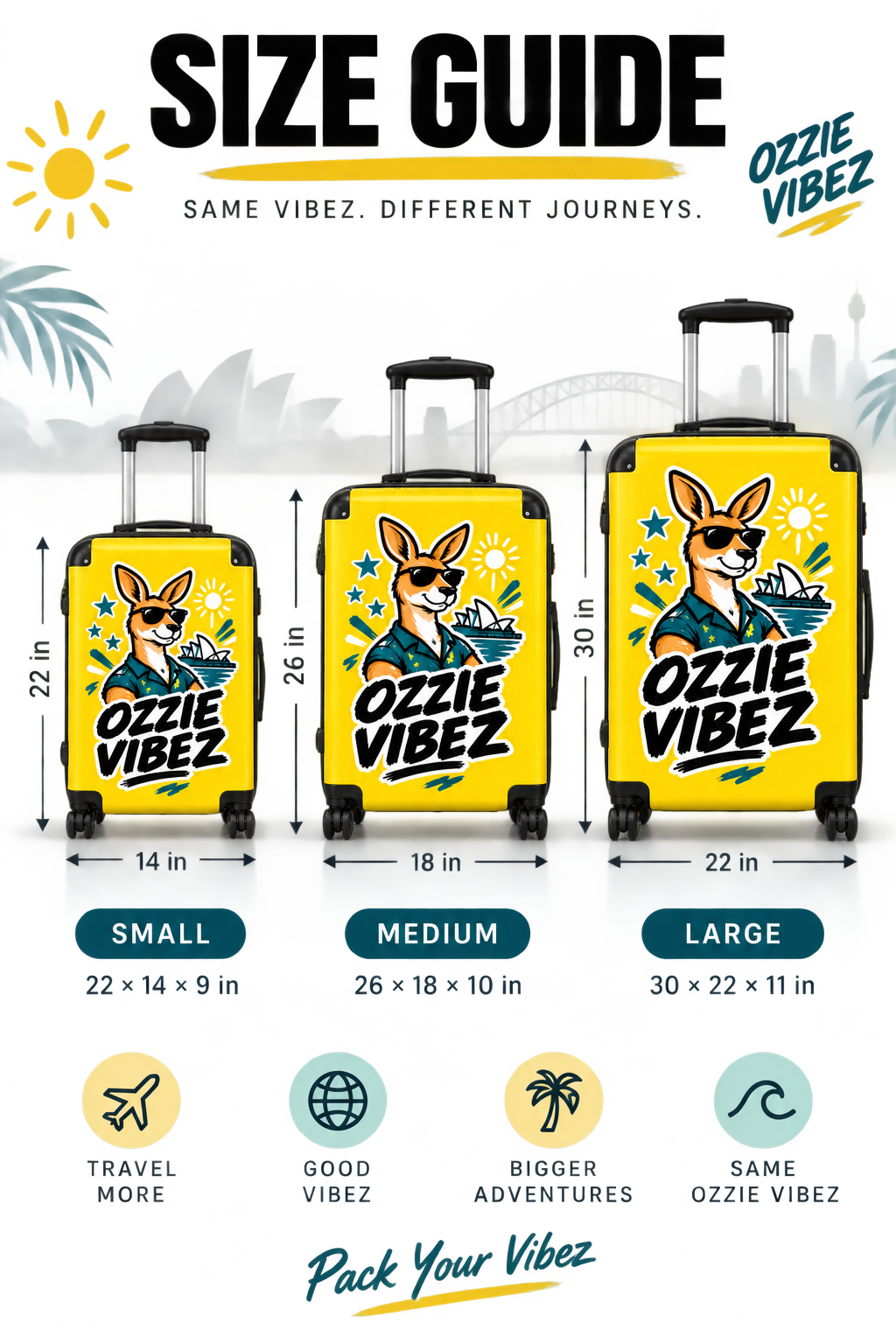 Ozzie Vibez kangaroo surfer suitcase | yellow travel luggage