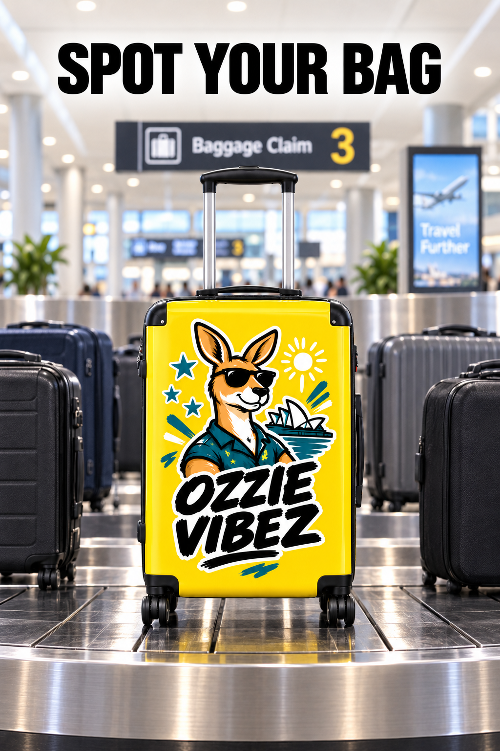 Ozzie Vibez kangaroo surfer suitcase | yellow travel luggage
