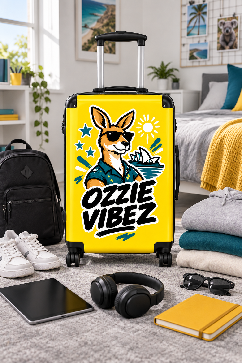 Ozzie Vibez kangaroo surfer suitcase | yellow travel luggage