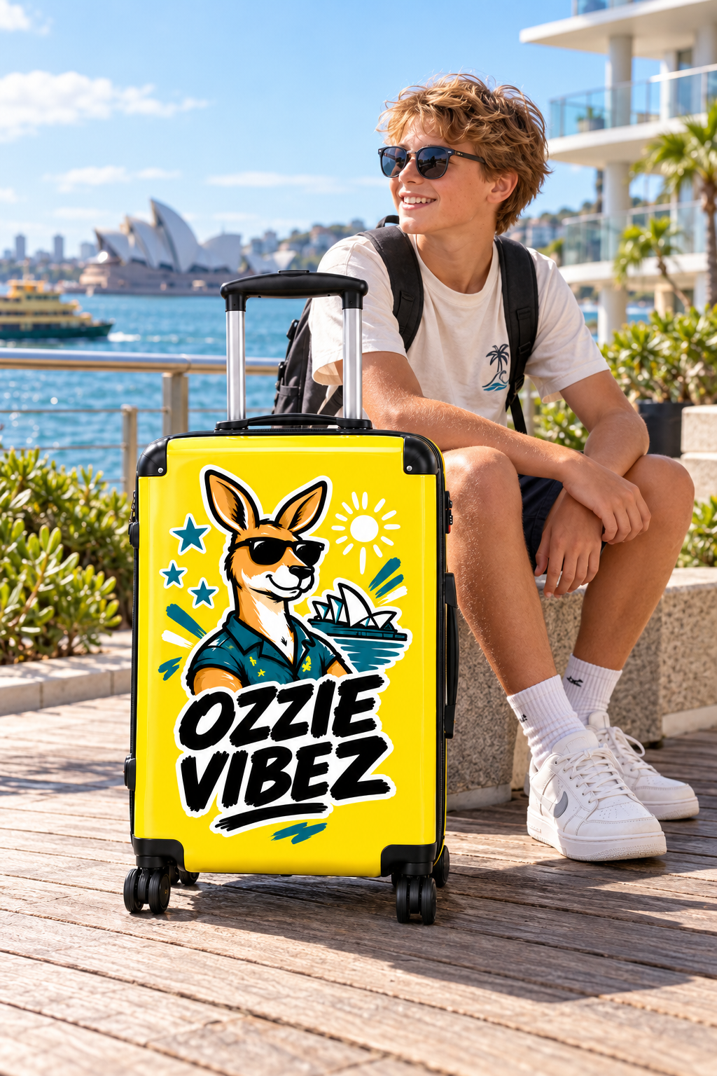 Ozzie Vibez kangaroo surfer suitcase | yellow travel luggage
