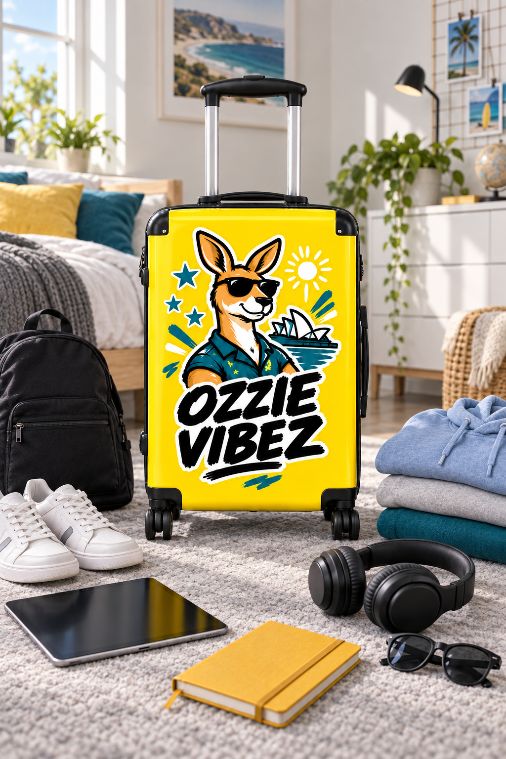Ozzie Vibez kangaroo surfer suitcase | yellow travel luggage