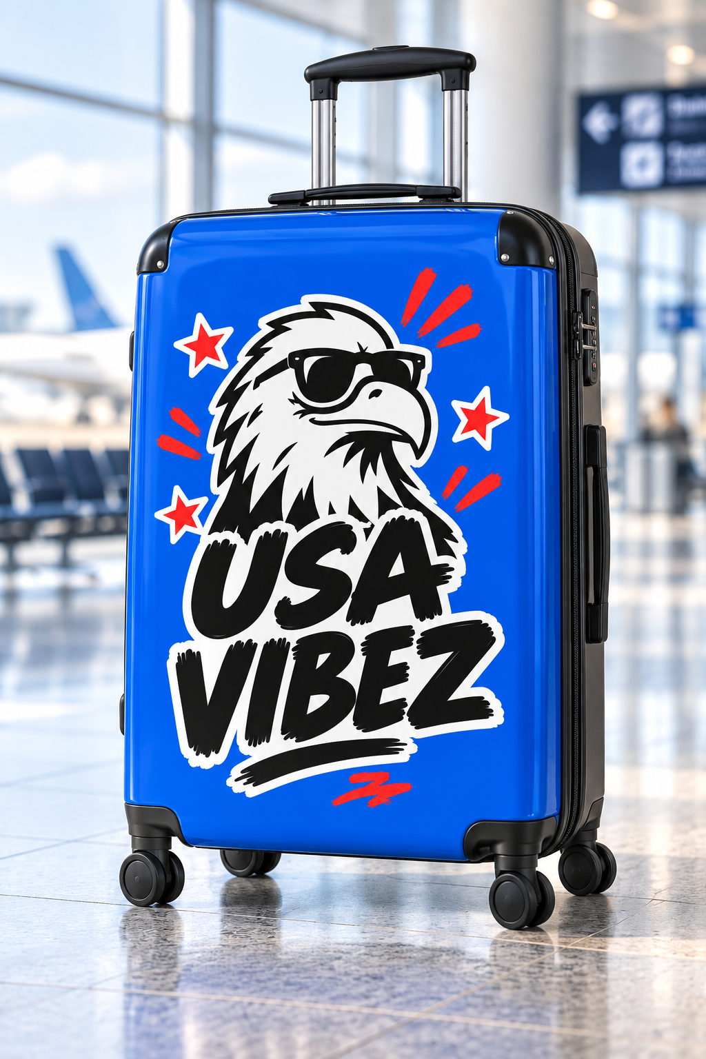 USA Vibez Kids & Teen Suitcase, Blue Eagle Hard Shell Luggage, American Travel Gift, Spinner Case for School Trips