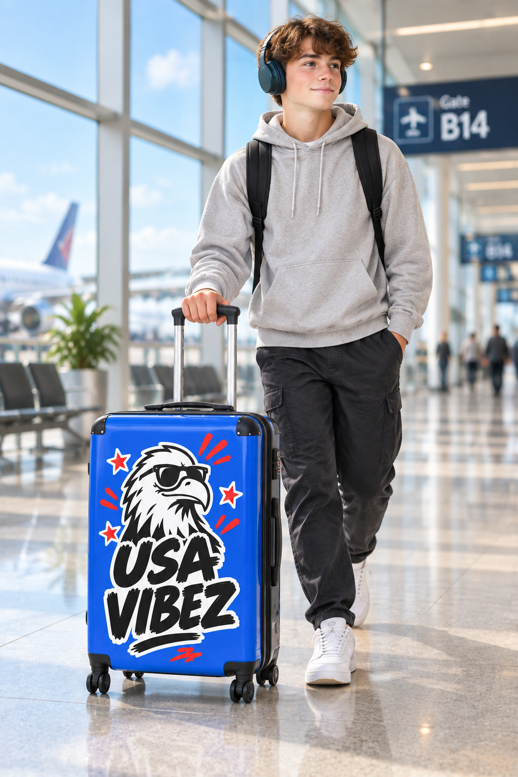 USA Vibez Kids & Teen Suitcase, Blue Eagle Hard Shell Luggage, American Travel Gift, Spinner Case for School Trips