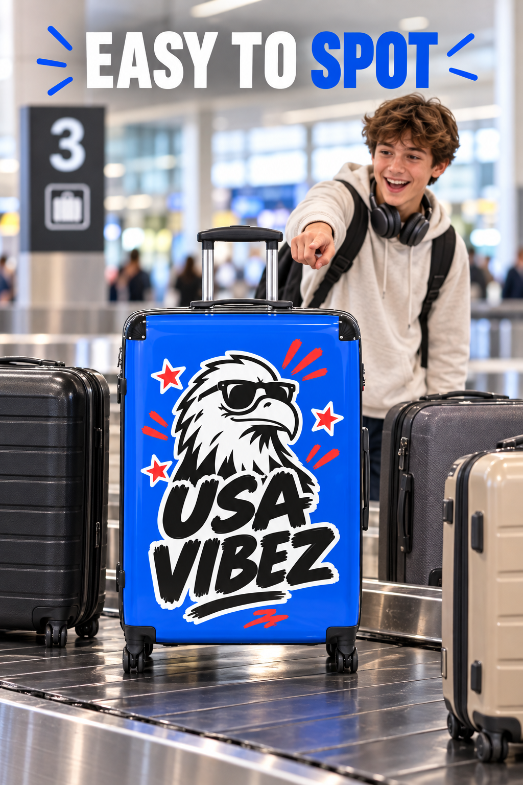USA Vibez Kids & Teen Suitcase, Blue Eagle Hard Shell Luggage, American Travel Gift, Spinner Case for School Trips