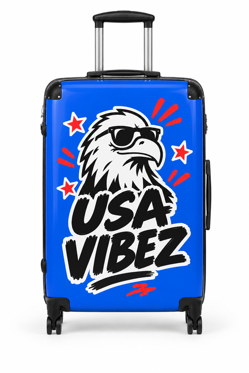USA Vibez Kids & Teen Suitcase, Blue Eagle Hard Shell Luggage, American Travel Gift, Spinner Case for School Trips