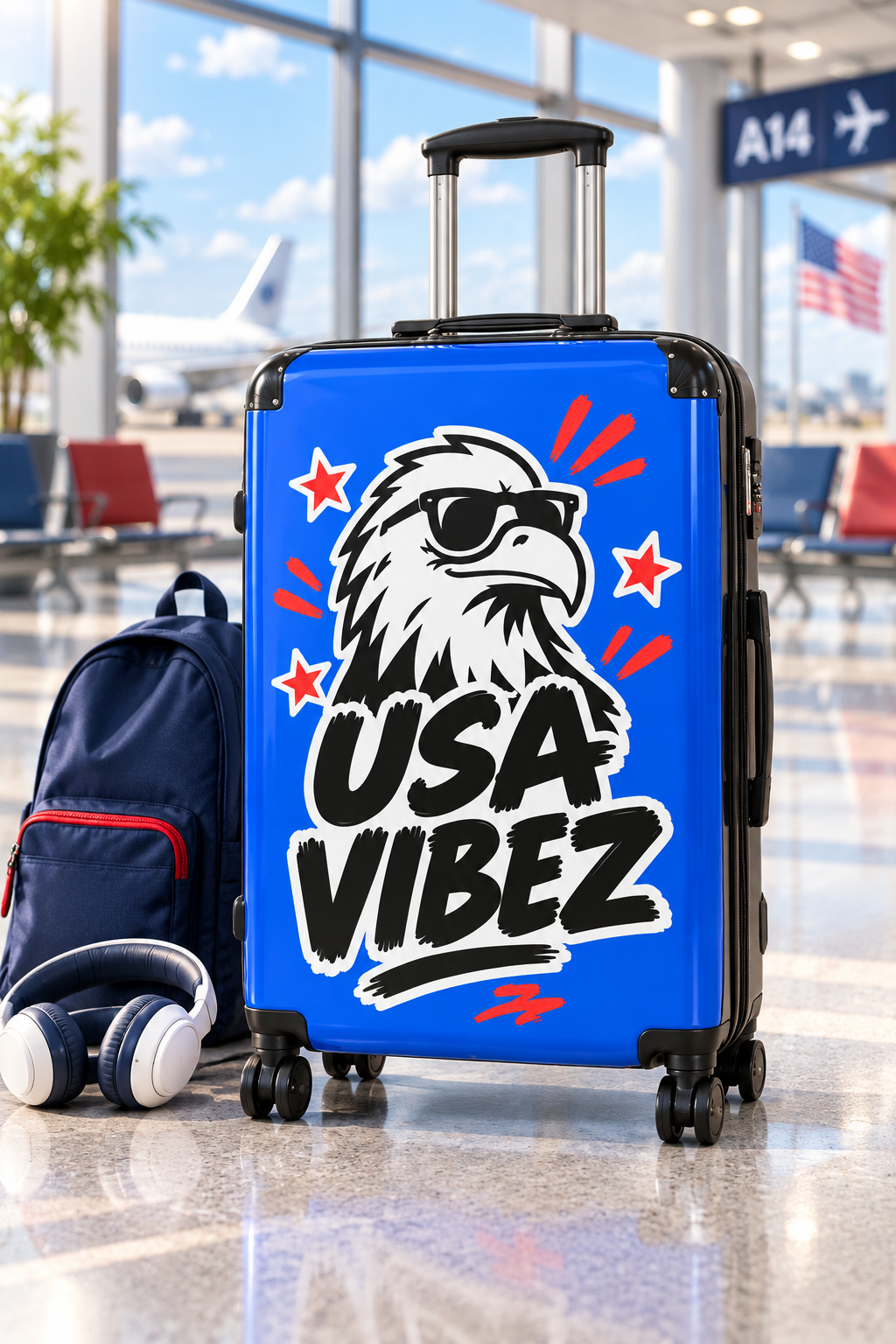 USA Vibez Kids & Teen Suitcase, Blue Eagle Hard Shell Luggage, American Travel Gift, Spinner Case for School Trips