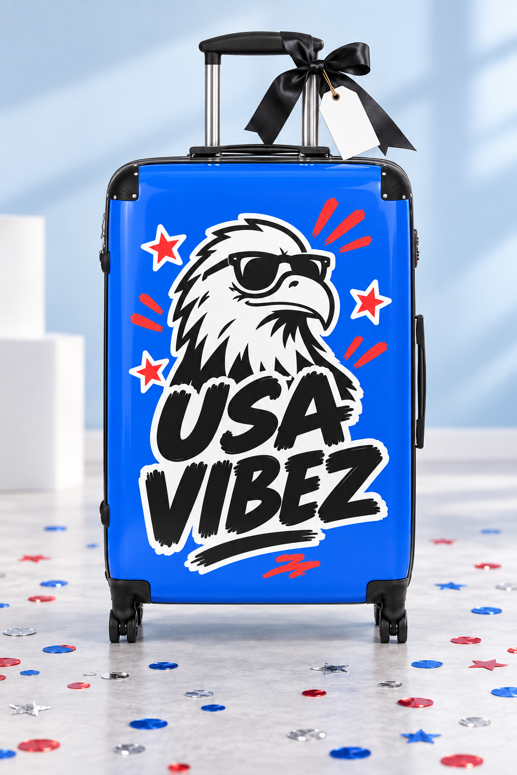 USA Vibez Kids & Teen Suitcase, Blue Eagle Hard Shell Luggage, American Travel Gift, Spinner Case for School Trips