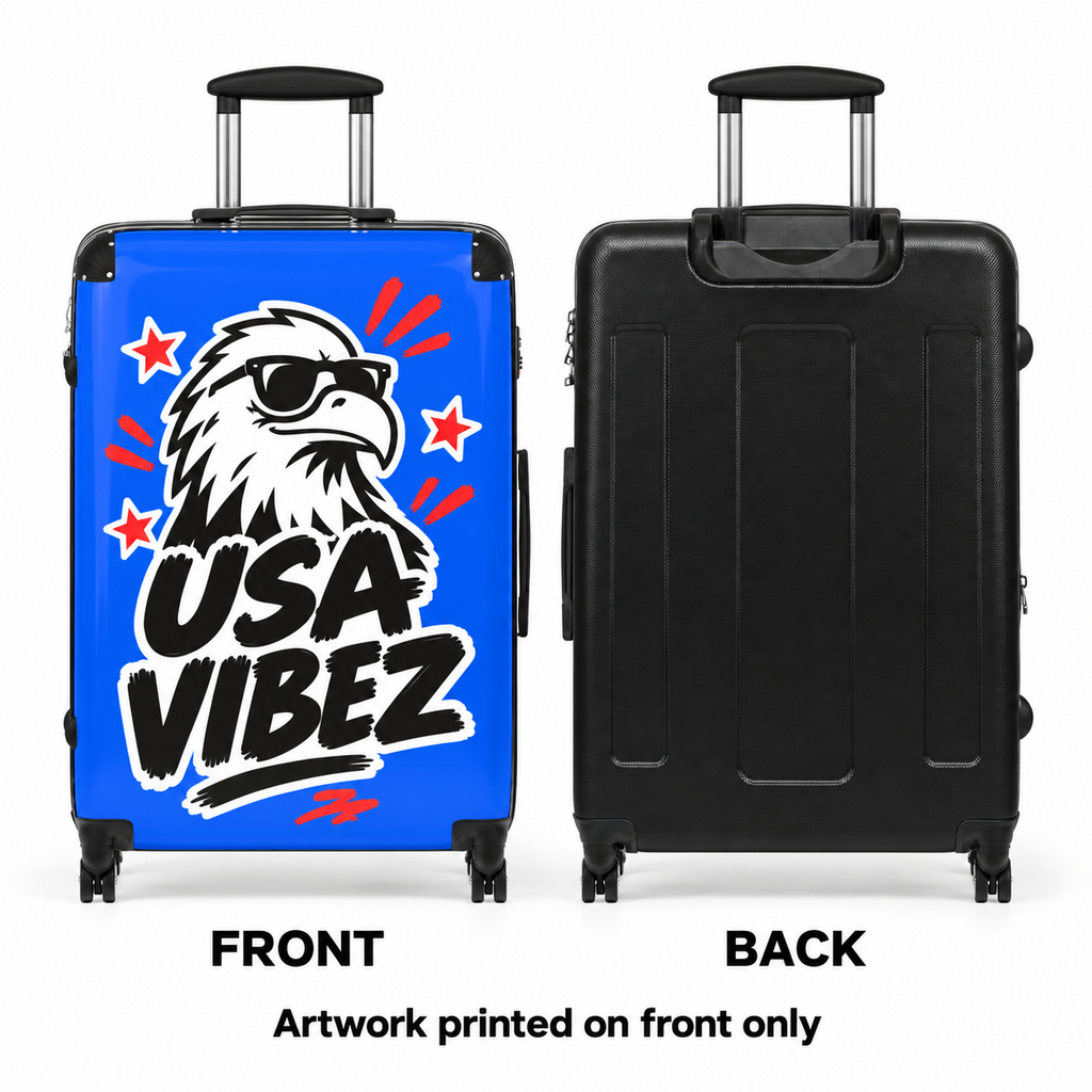 USA Vibez Kids & Teen Suitcase, Blue Eagle Hard Shell Luggage, American Travel Gift, Spinner Case for School Trips