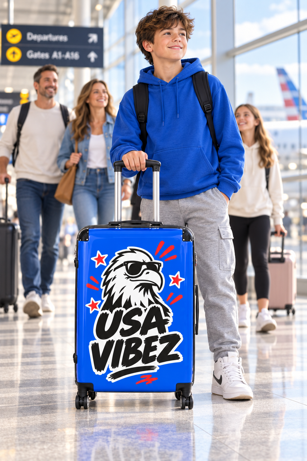 USA Vibez Kids & Teen Suitcase, Blue Eagle Hard Shell Luggage, American Travel Gift, Spinner Case for School Trips