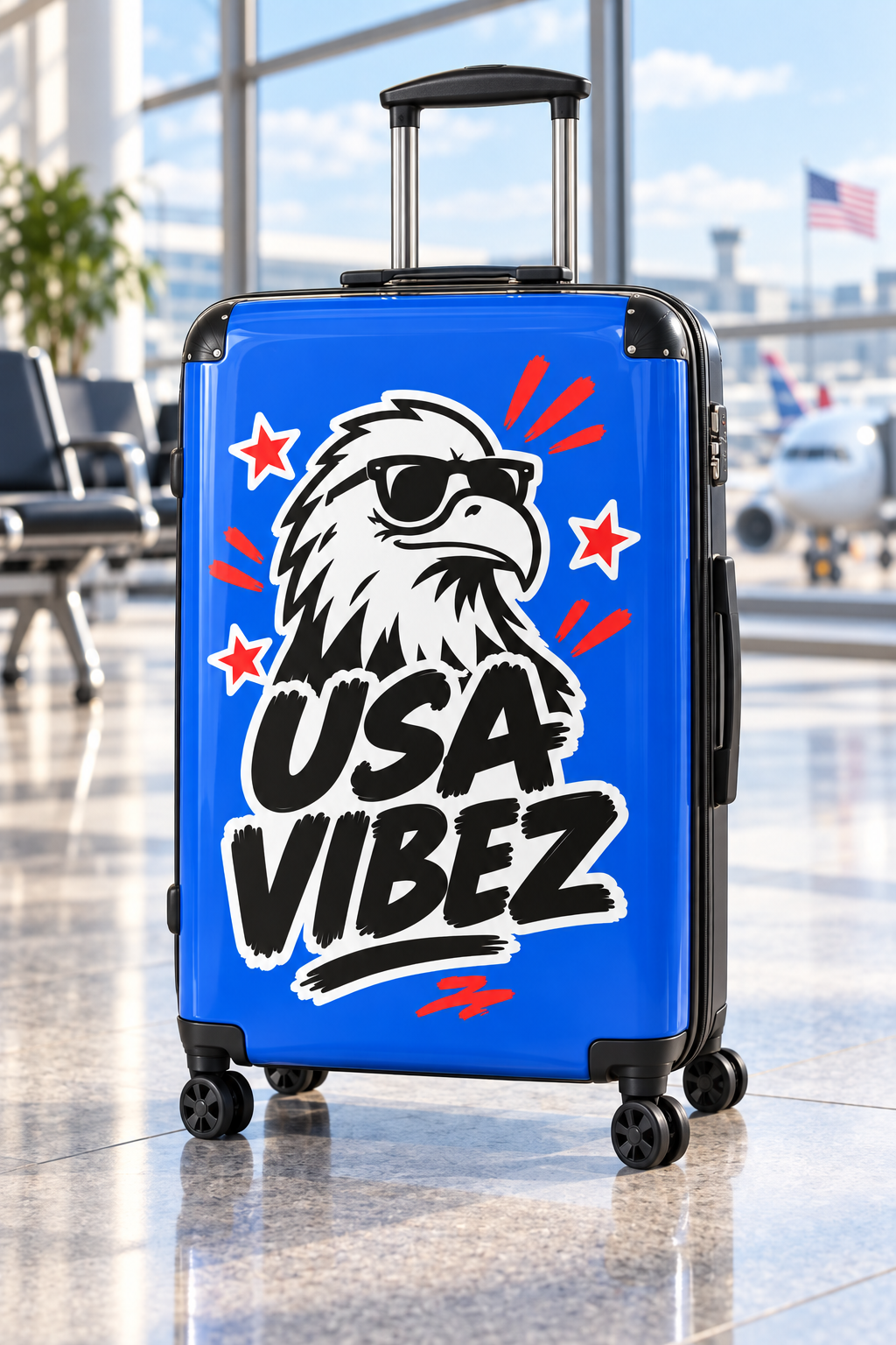 USA Vibez Kids & Teen Suitcase, Blue Eagle Hard Shell Luggage, American Travel Gift, Spinner Case for School Trips