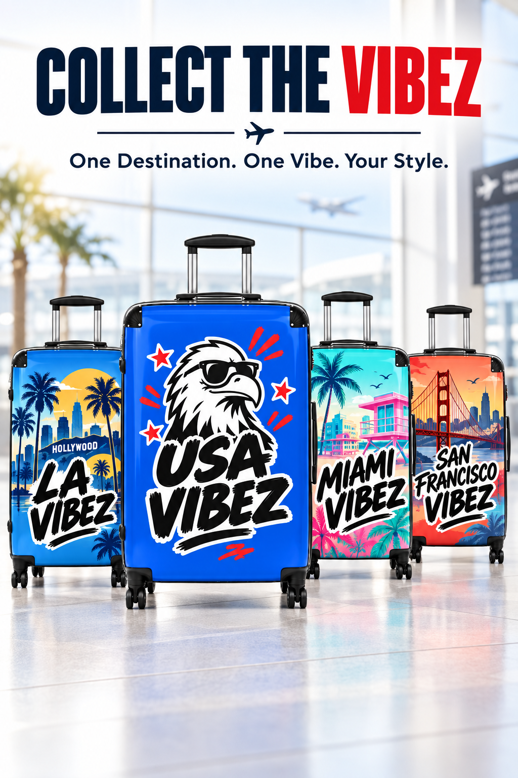 USA Vibez Kids & Teen Suitcase, Blue Eagle Hard Shell Luggage, American Travel Gift, Spinner Case for School Trips